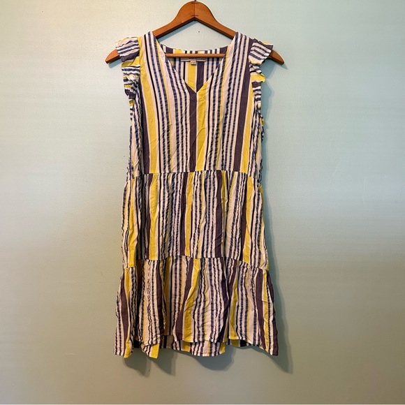 LOFT Striped Flutter Dress Blue Yellow Size SP - Picture 6 of 9